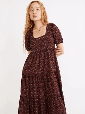 Smocked Square-Neck Floral Maxi Dress - Black with Rust Floral